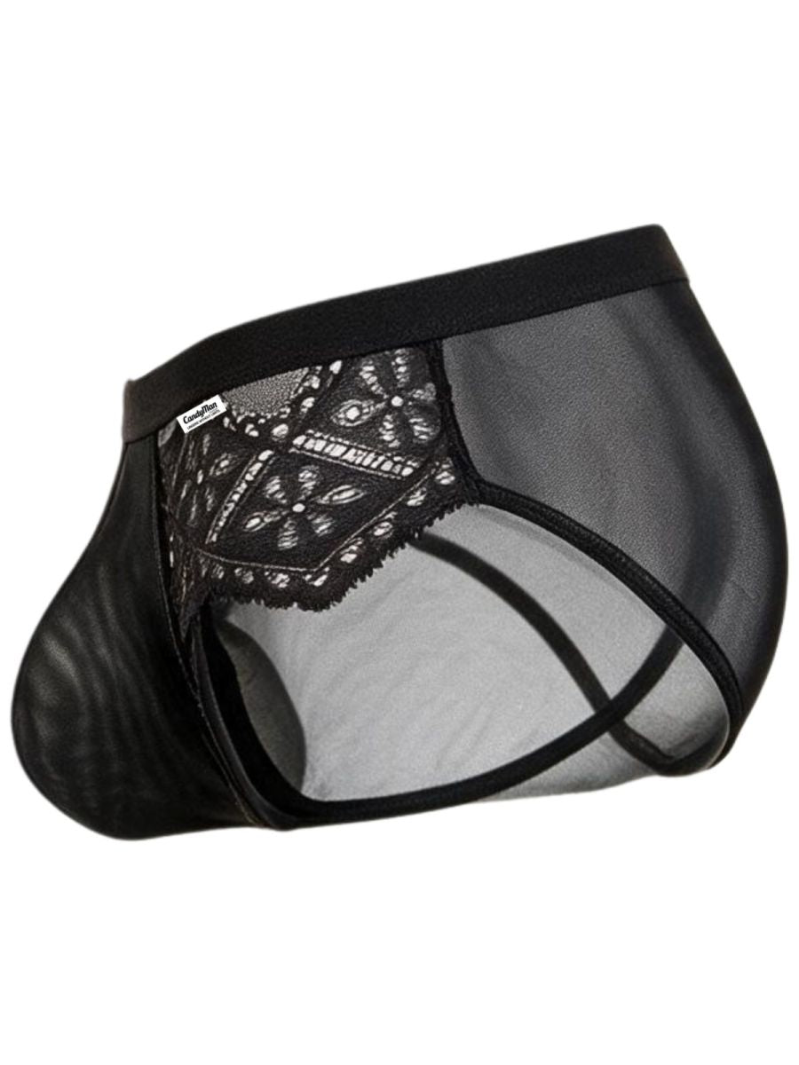 Side view of black CandyMan briefs with lace front panels and a sheer mesh back.