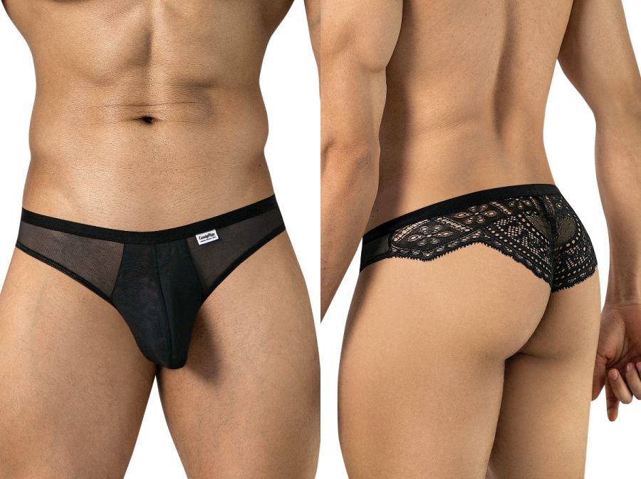Black CandyMan men's mesh and lace thong shown from front and back.