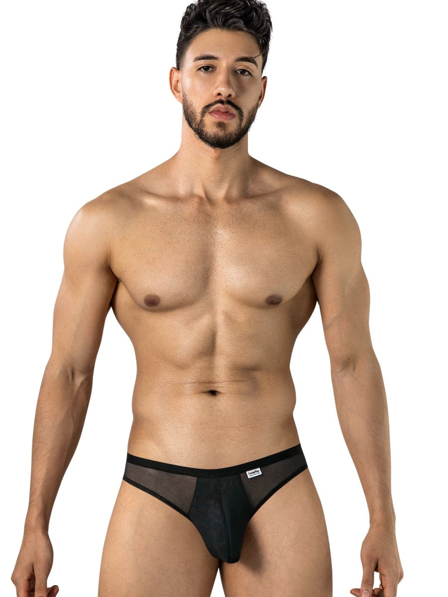 CandyMan 99971 black mesh lace thong on male model, front view.