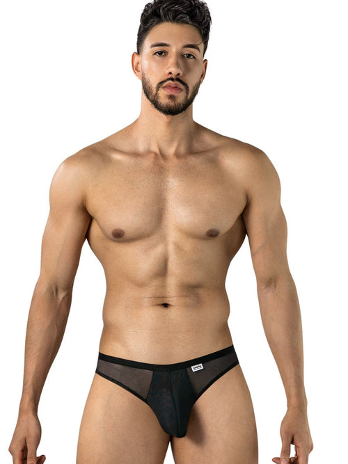CandyMan 99971 black mesh lace thong on male model, front view.