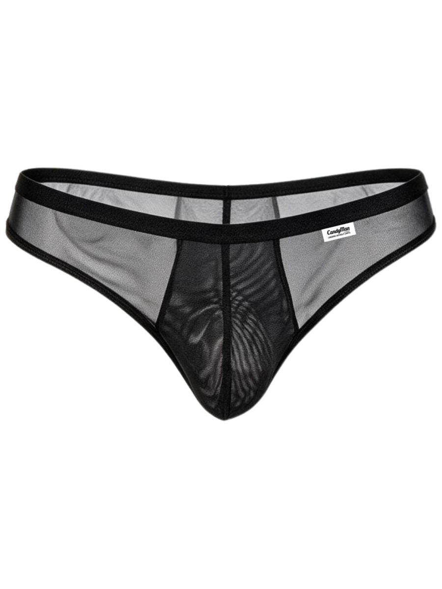 Black CandyMan men's mesh lace thong with sheer front panel and black trim.