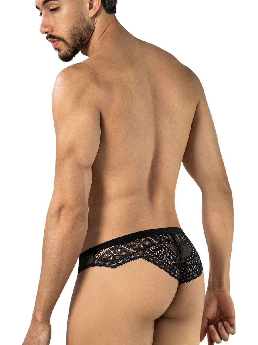Rear view of CandyMan black lace thong on male model.