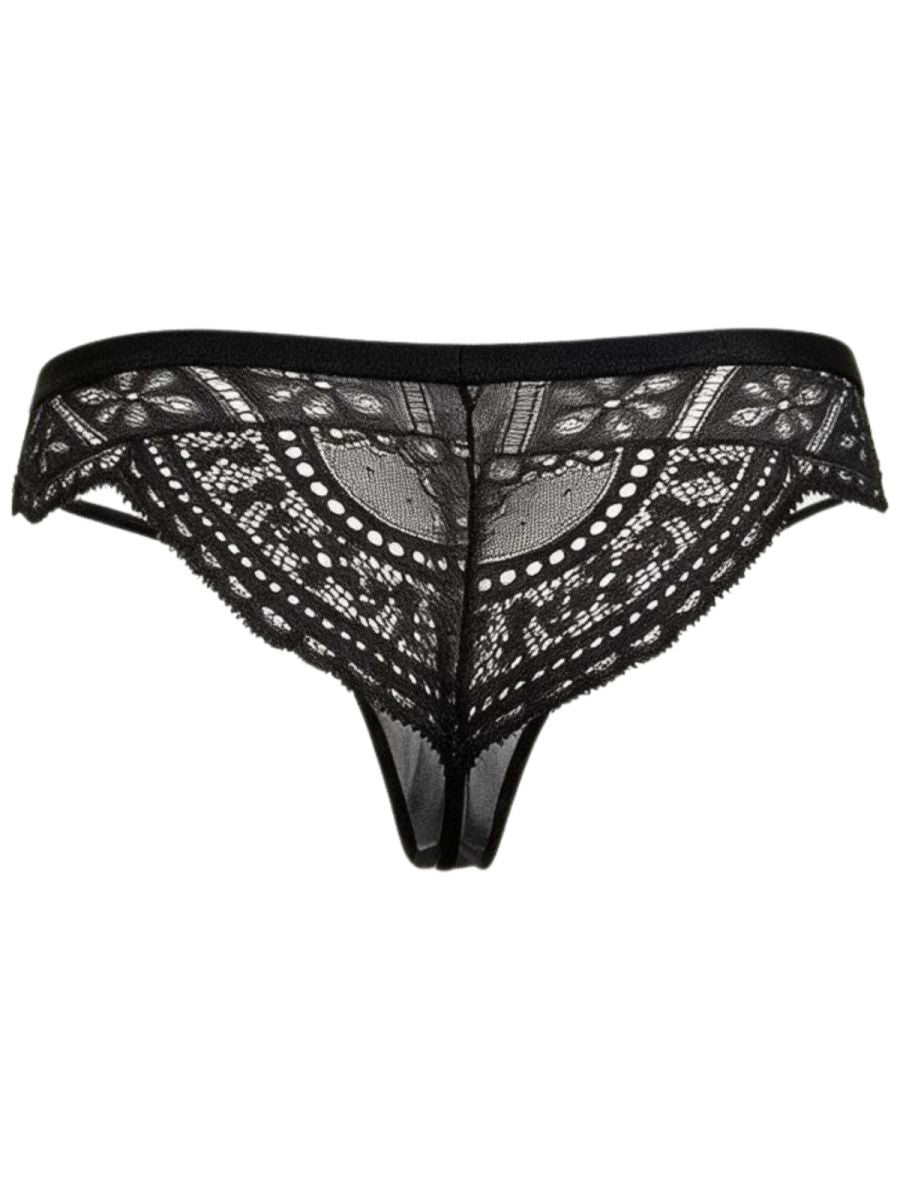 Rear view of a black CandyMan thong with a patterned lace back and black waistband.