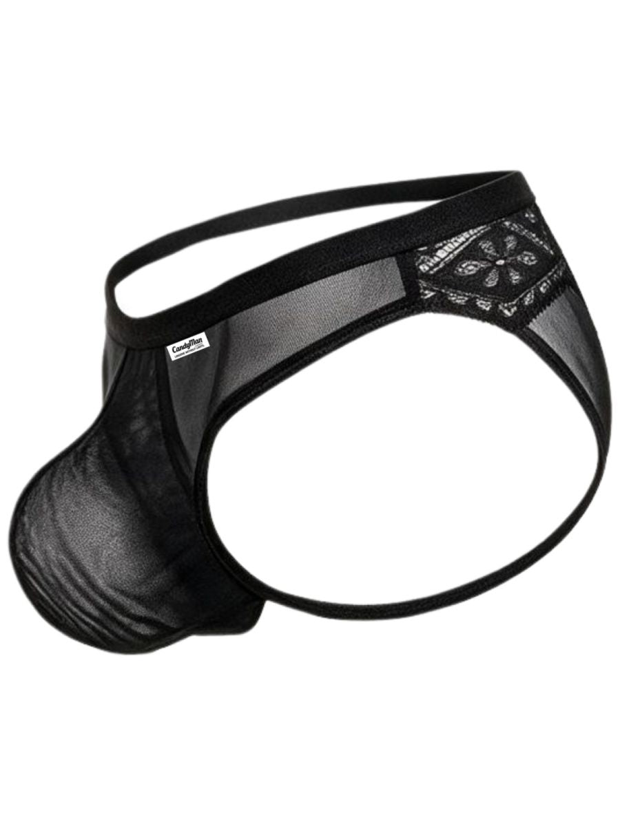Side view of a black CandyMan thong with mesh front and lace back panels.