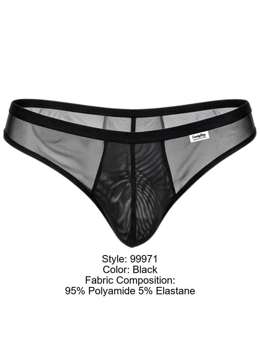 CandyMan 99971 black mesh-and-lace thong; label states 95% polyamide and 5% elastane.