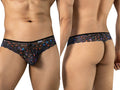 Black CandyMan printed mesh thong shown from front and back on a model
