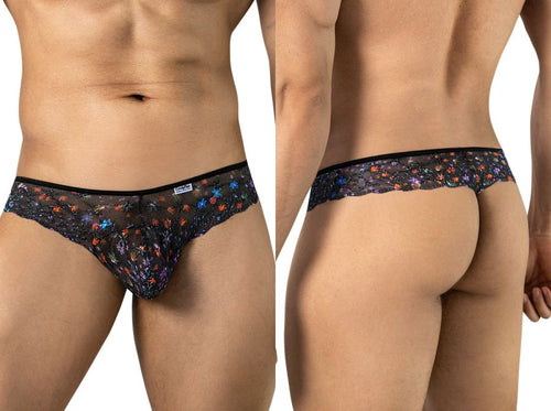 Black CandyMan printed mesh thong shown from front and back on a model