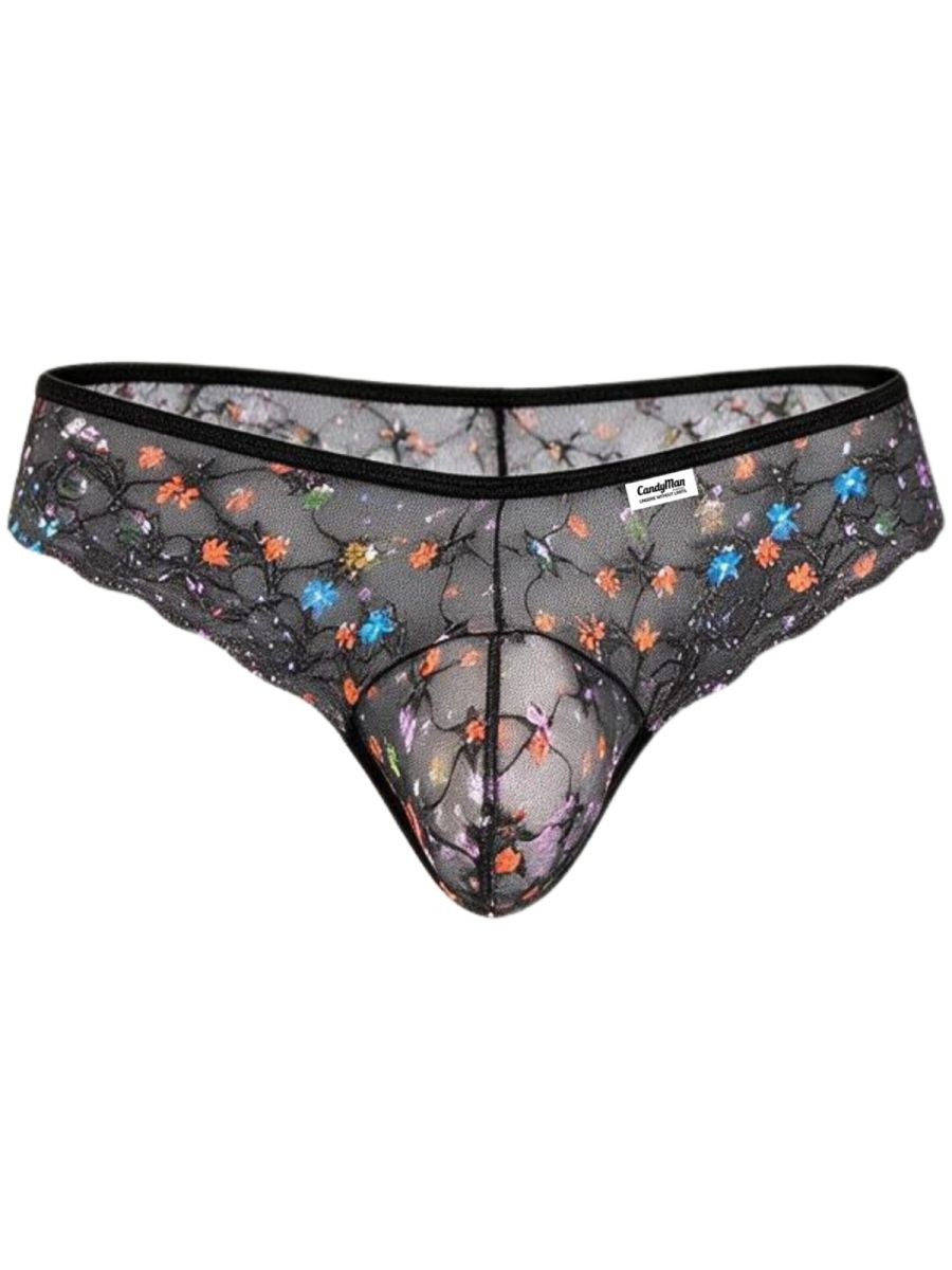 Black CandyMan mesh thong with floral print and contoured pouch