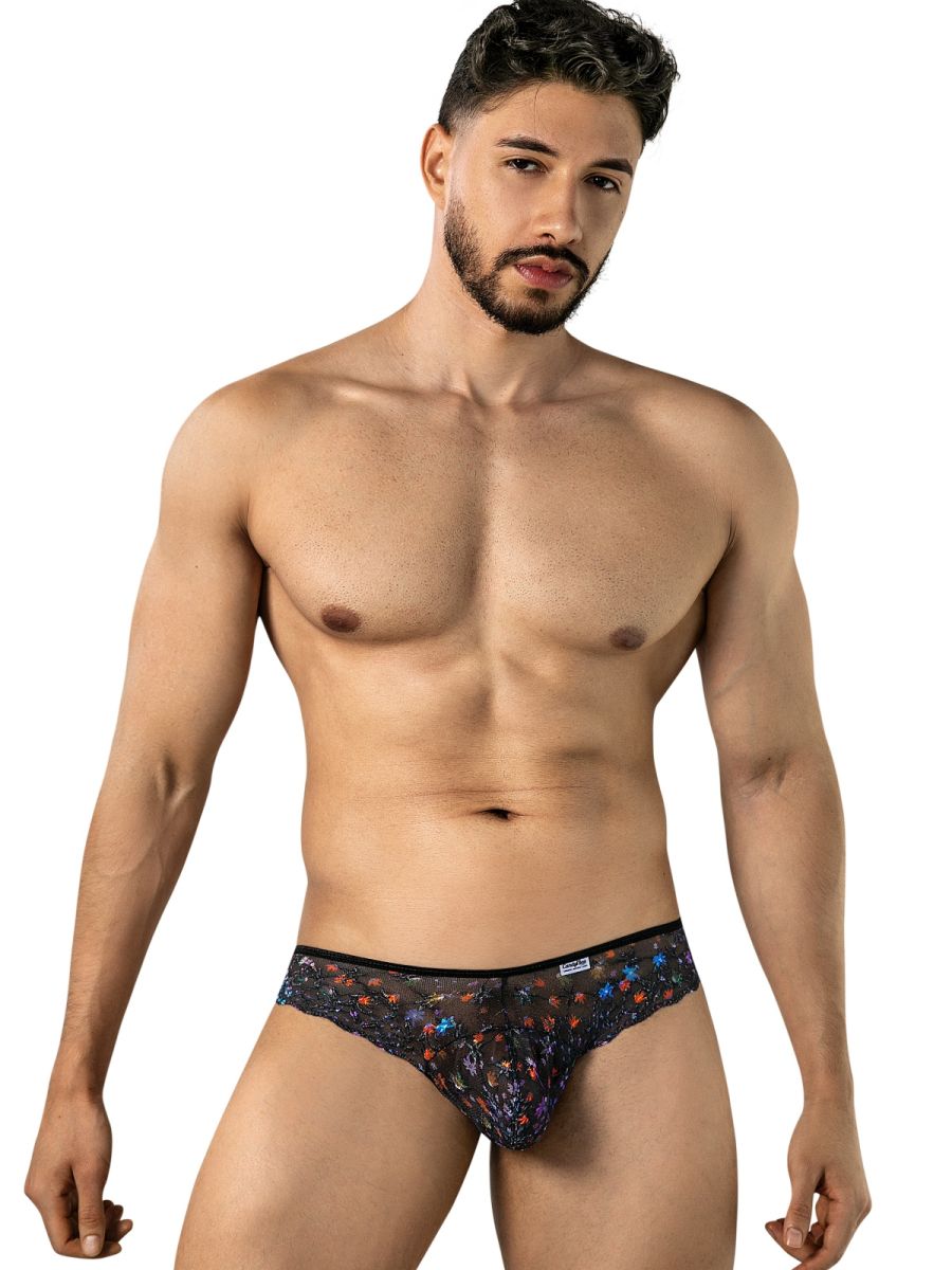 CandyMan 99975 black printed mesh men's thong underwear on model.