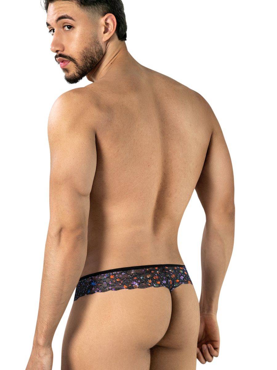 Rear view of CandyMan 99975 black printed mesh thong on male model.