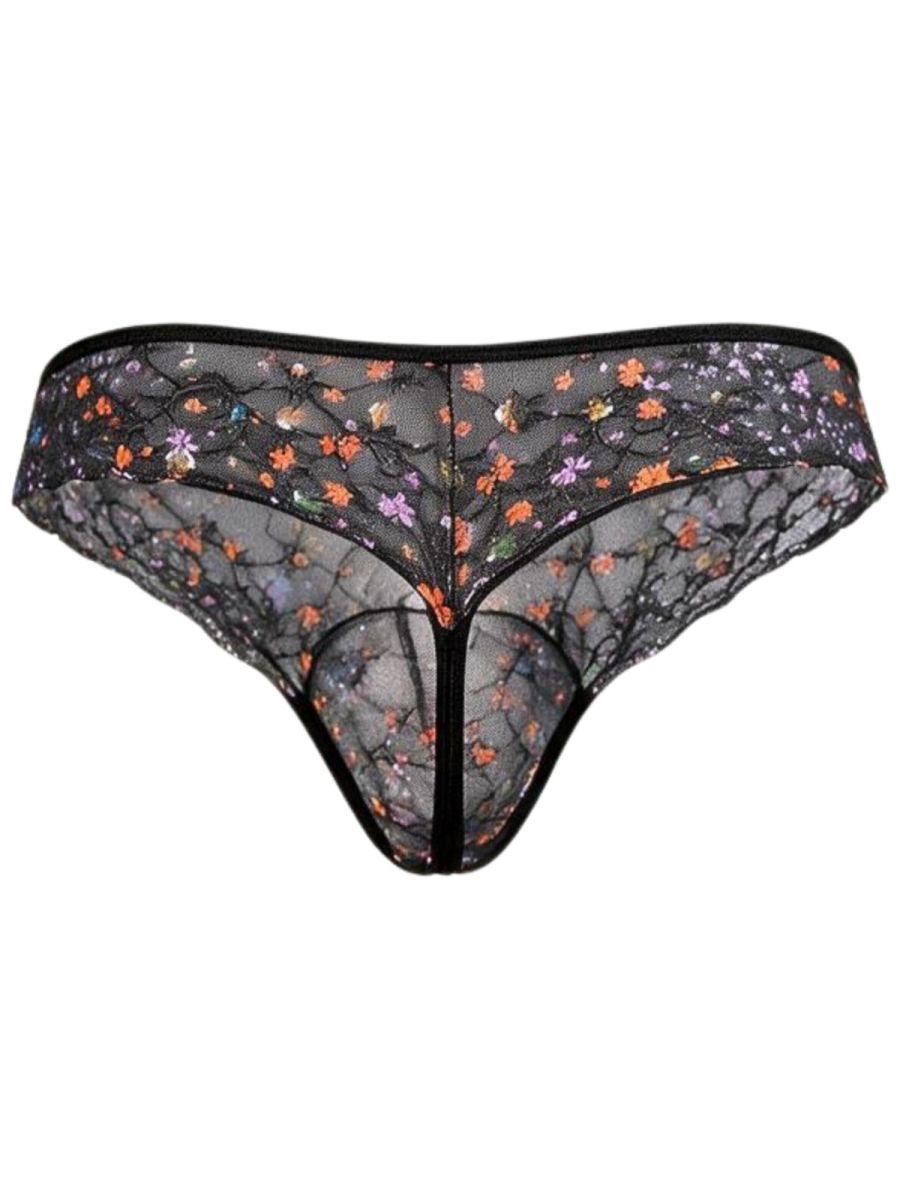 Rear view of a black CandyMan floral-mesh thong on a white background.