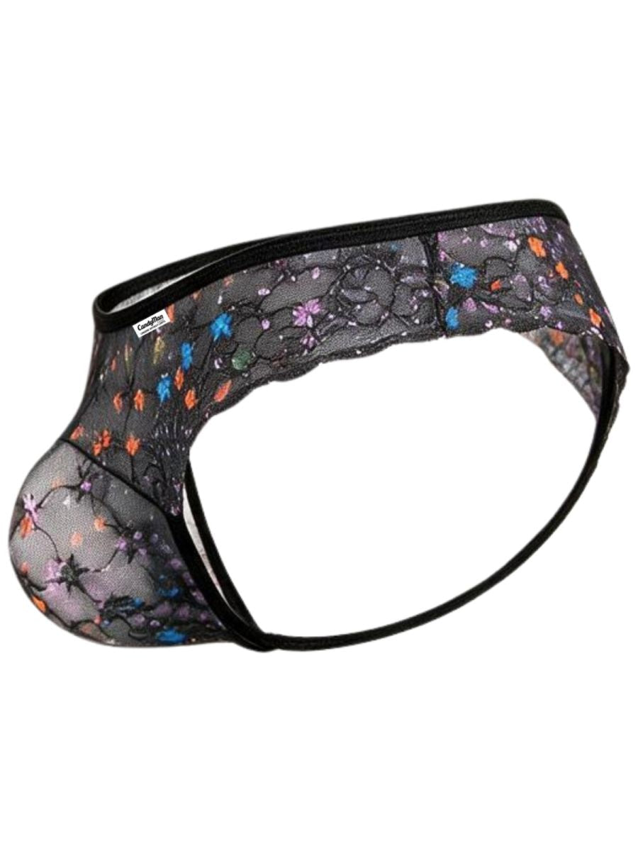 Side view of a black CandyMan floral-mesh thong on a white background.