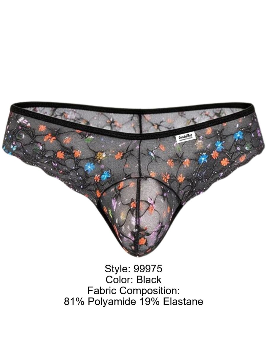CandyMan 99975 black floral-mesh thong; label states 81% polyamide and 19% elastane.