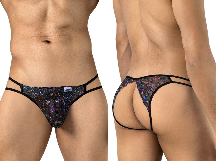 Black CandyMan printed mesh jockstrap shown from front and back on a model.