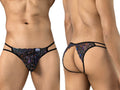 Black CandyMan printed mesh jockstrap shown from front and back on a model.