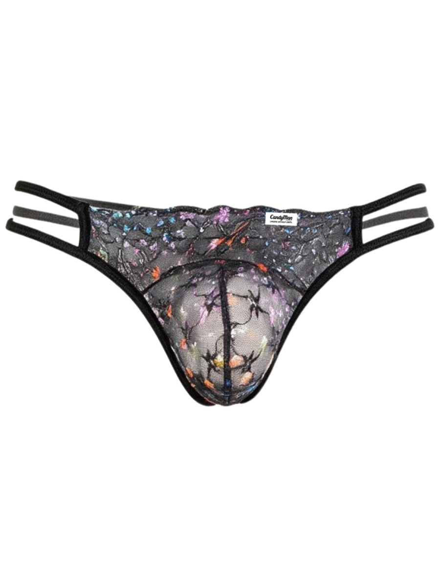 Front view of a black CandyMan floral-mesh jockstrap with double side straps.