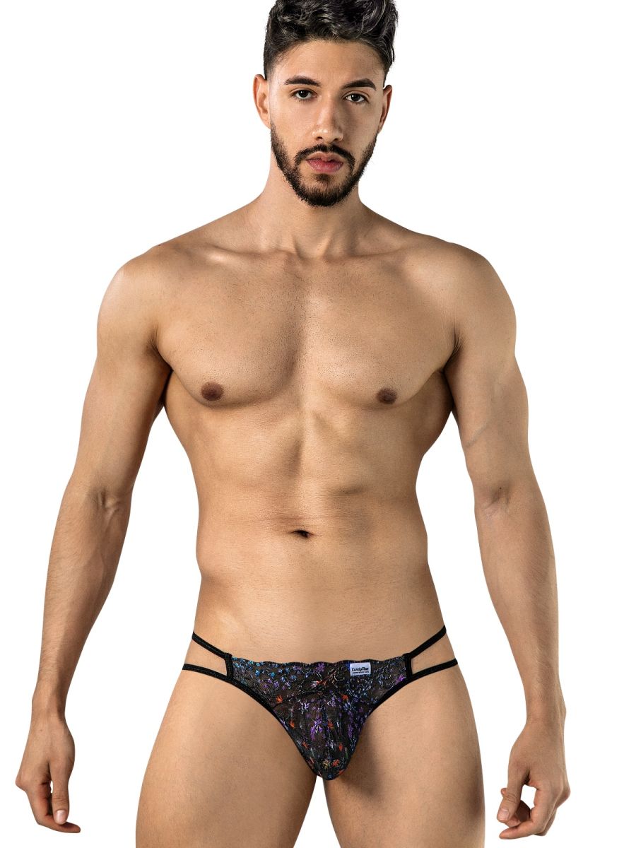 CandyMan black printed mesh jockstrap on male model, front view.