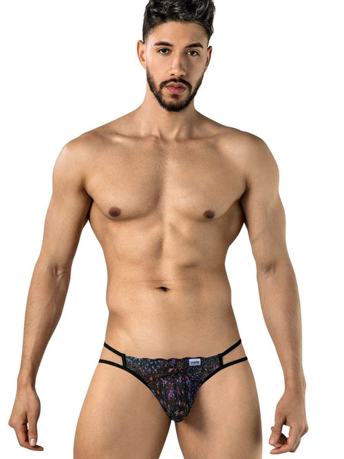 CandyMan black printed mesh jockstrap on male model, front view.