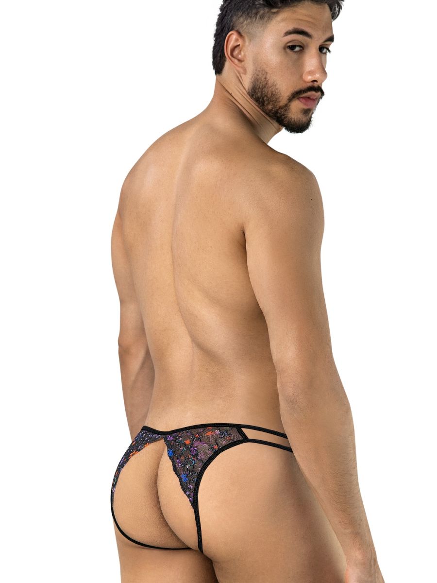 Rear view of model wearing CandyMan black printed mesh jockstrap with dual side straps.