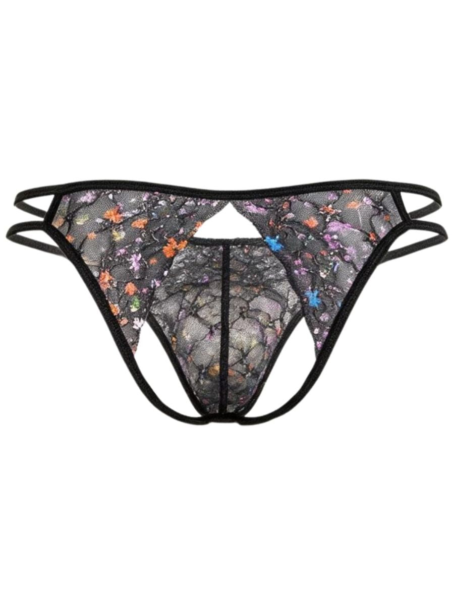 Rear view of a black CandyMan floral-mesh jockstrap with double side straps.