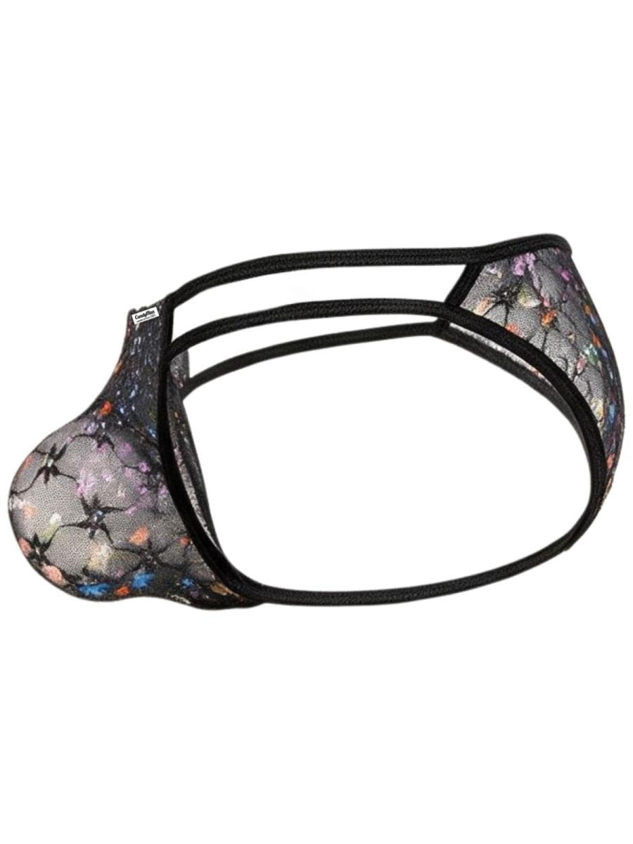 Side view of a black CandyMan floral-mesh jockstrap with double side straps.