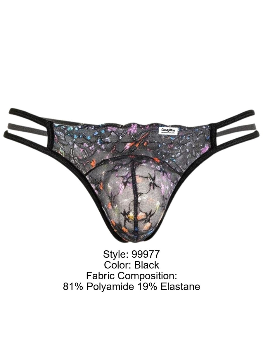 CandyMan 99977 black floral-mesh jockstrap; label states 81% polyamide and 19% elastane.