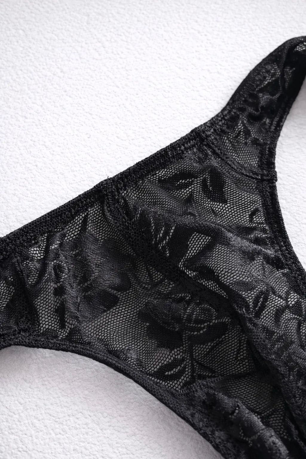 JJ Malibu Men's Veiled Floral Lace Thong - Black