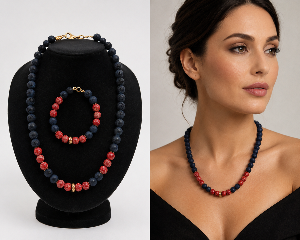 Vintage Natural Red Black Coral Beaded Necklace And Bracelet Set