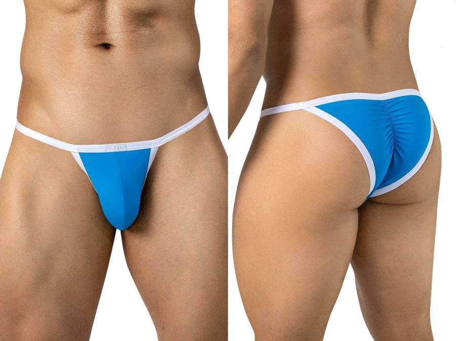 Clever Moda turquoise Boreas thong with white trim and back ruching.