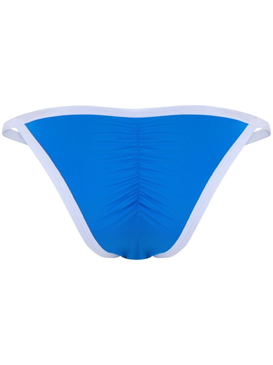 Clever Moda turquoise men's Boreas briefs with white trim and a center back ruching detail.