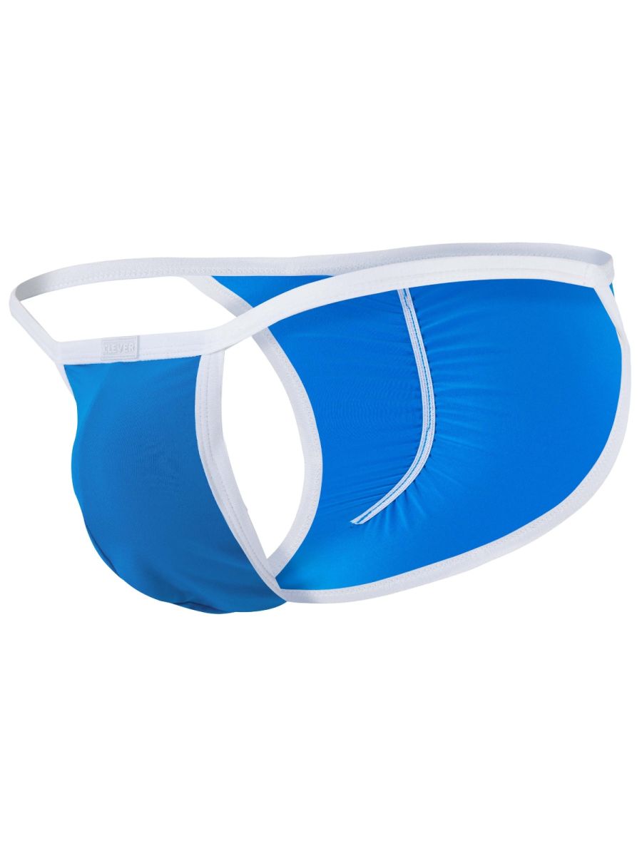 Turquoise men's athletic briefs with white contrast trim and side cutout design.