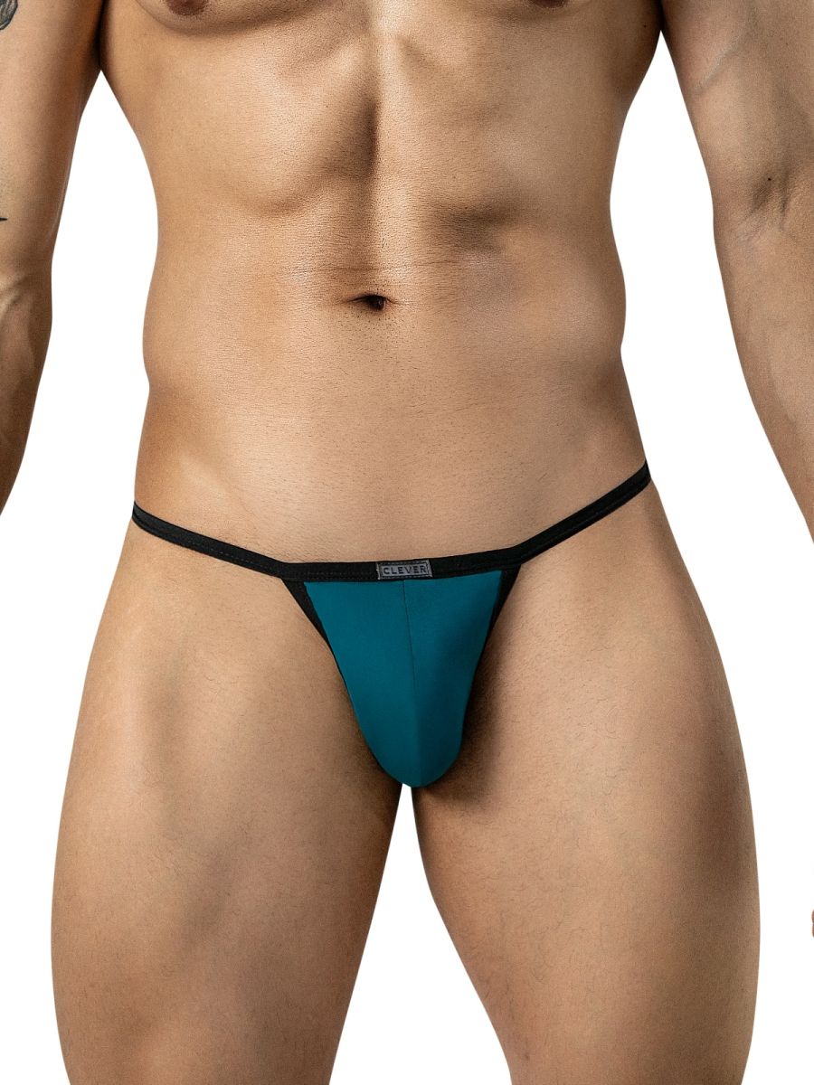 Clever Moda Boreas petrol blue mens brief with ultra-thin black side straps and front logo tag.