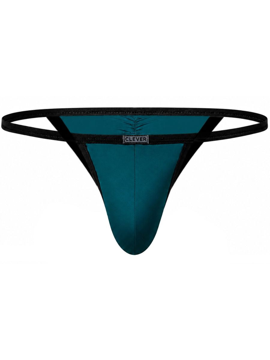 Clever Moda petrol blue men's string bikini with black trim, supportive contour pouch, and branded waistband tag.