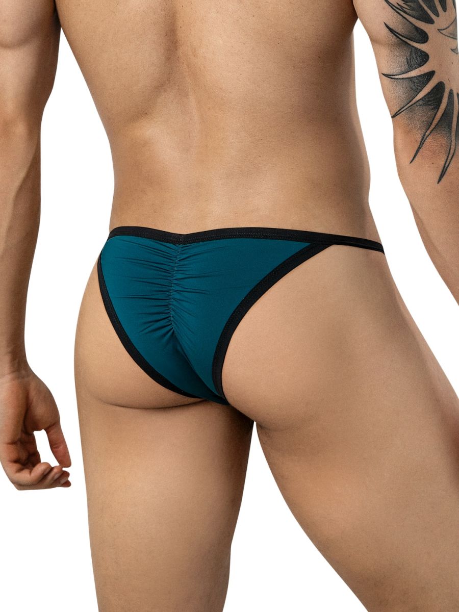 Clever Moda Boreas petrol blue mens briefs from the back, featuring thin black trim and vertical center ruching.