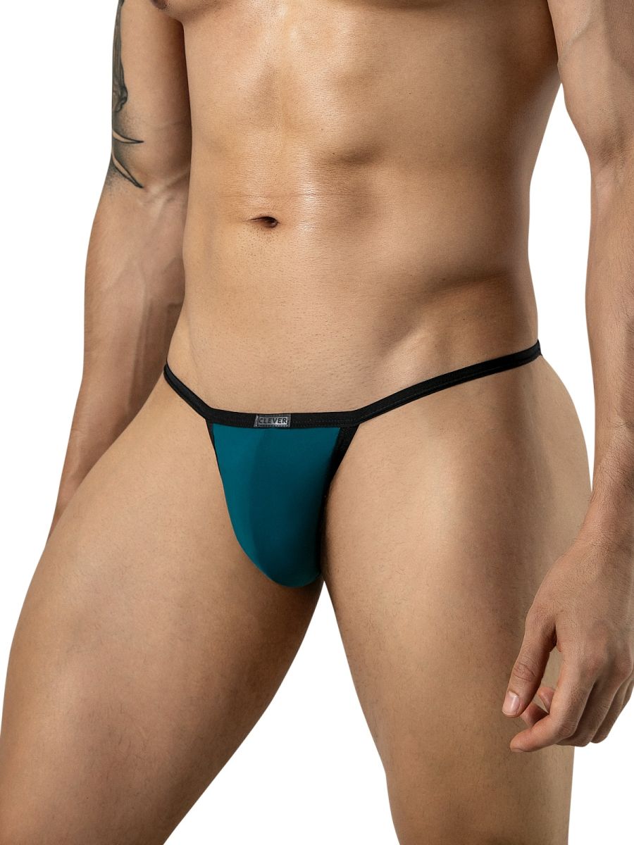 Clever Moda Boreas petrol blue brief with a minimal thong design and black trim waistband.