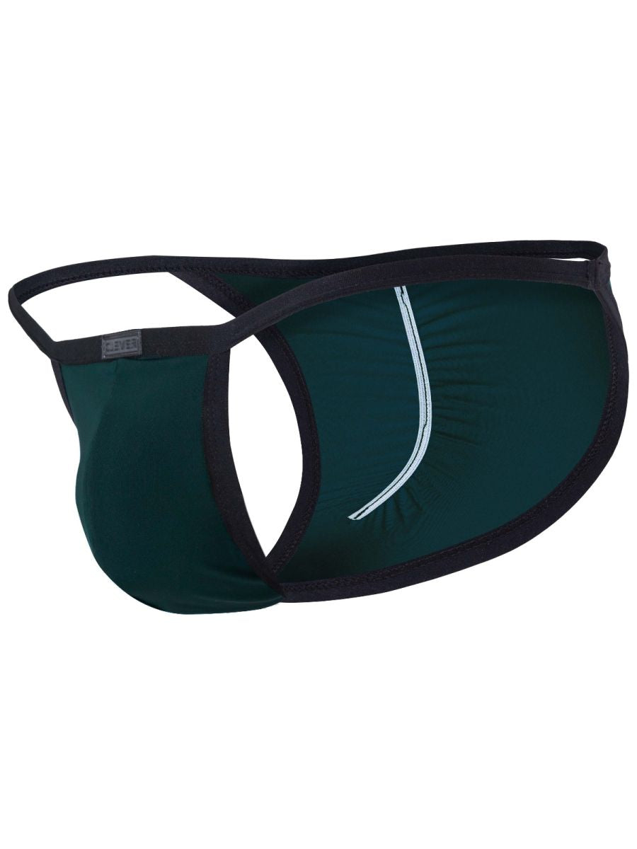 Clever Moda Boreas petrol blue men's brief featuring thin side cutouts, contrast binding, and a logo tag.