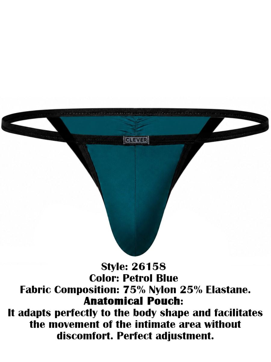 Clever Moda Boreas petrol blue thong with black trim, narrow waistband, and branded logo tab.