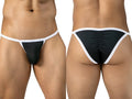Clever Moda black Boreas briefs featuring contrasting white trim, thong sides, and a scrunched back seam.