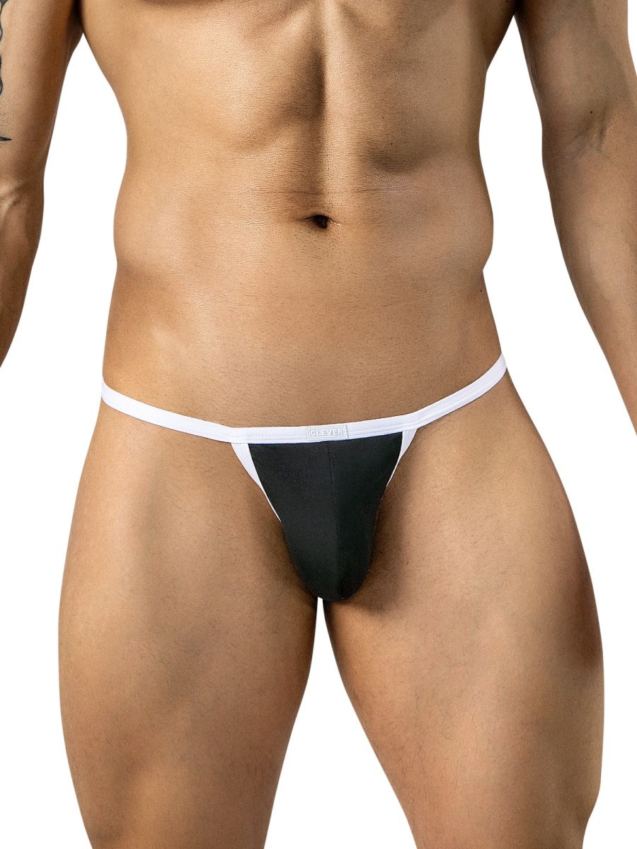 Clever Moda black Boreas briefs featuring a slim white waistband and white trim.