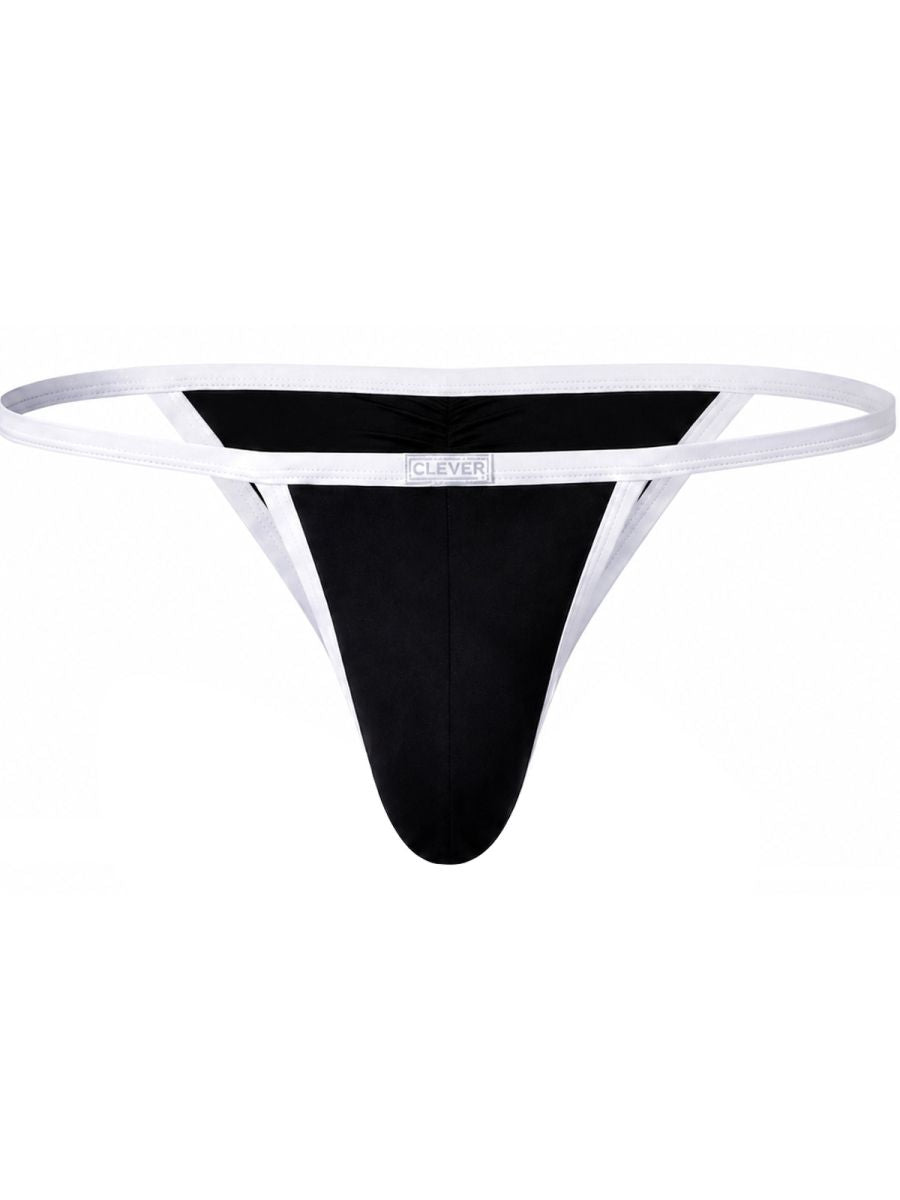 Clever Moda black Boreas briefs featuring contrasting white trim, double side straps, and a branded waistband.