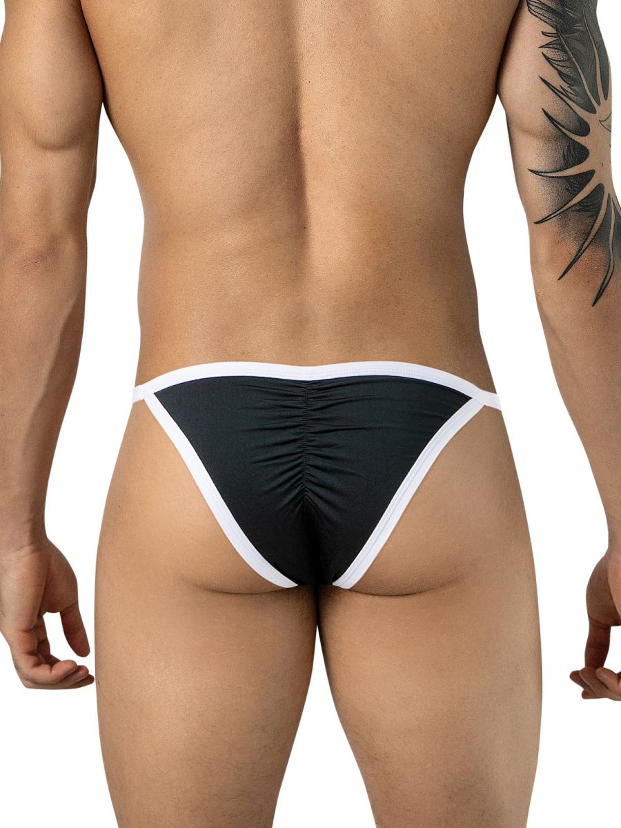 Clever Moda Boreas black brief underwear featuring white contrast trim and a center-back ruching detail.