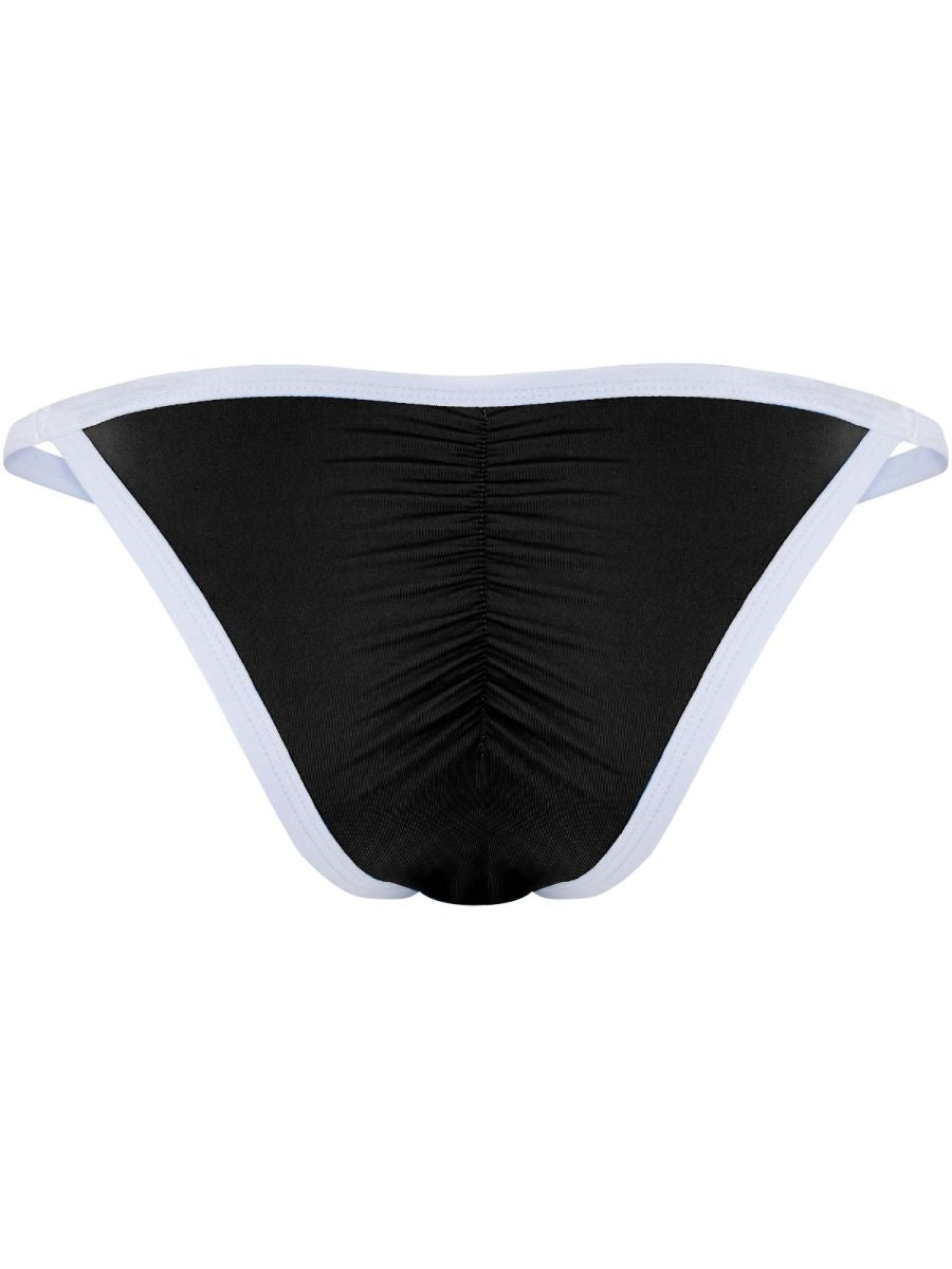 Clever Moda Boreas men's black brief with ruched center seam and white trim.