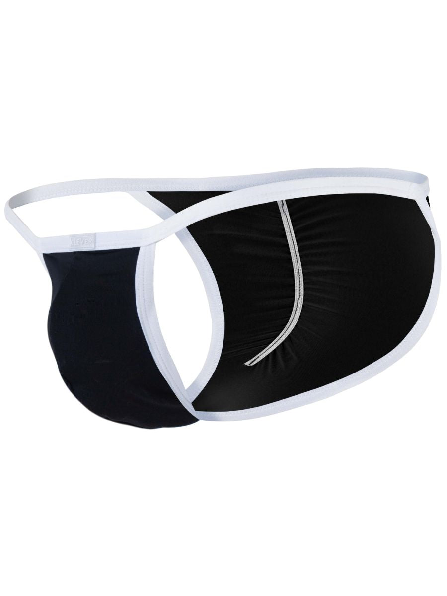 Clever Moda Boreas black brief with contrast white trim and cutout sides.
