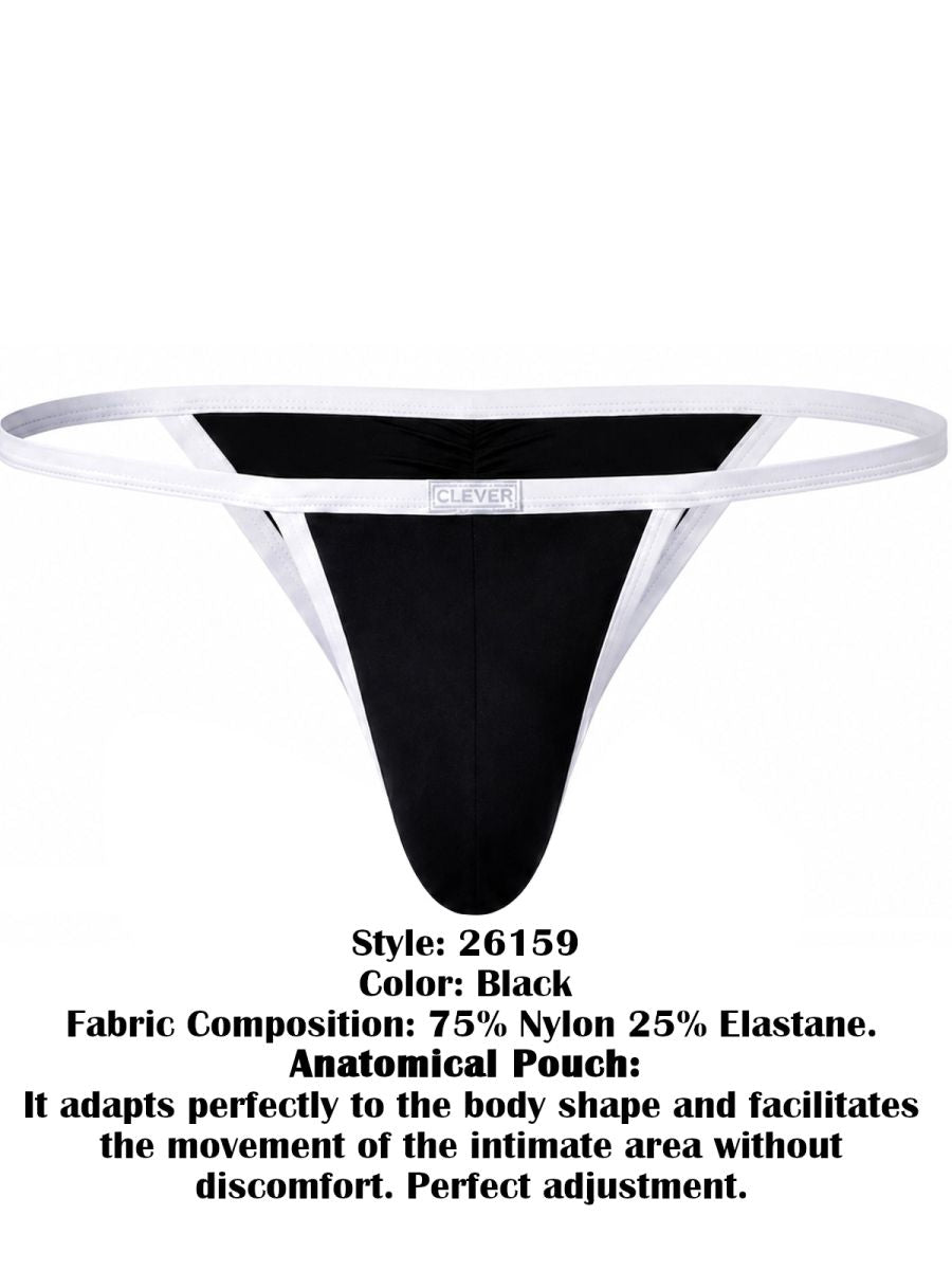 Clever Moda black Boreas thong brief with contrasting white trim and branded waistband.