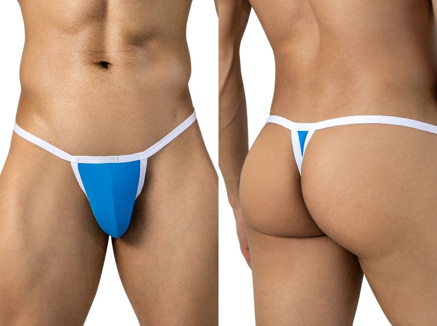 Clever Moda turquoise minimalist thong with thin white trim and waistband, front and back views.