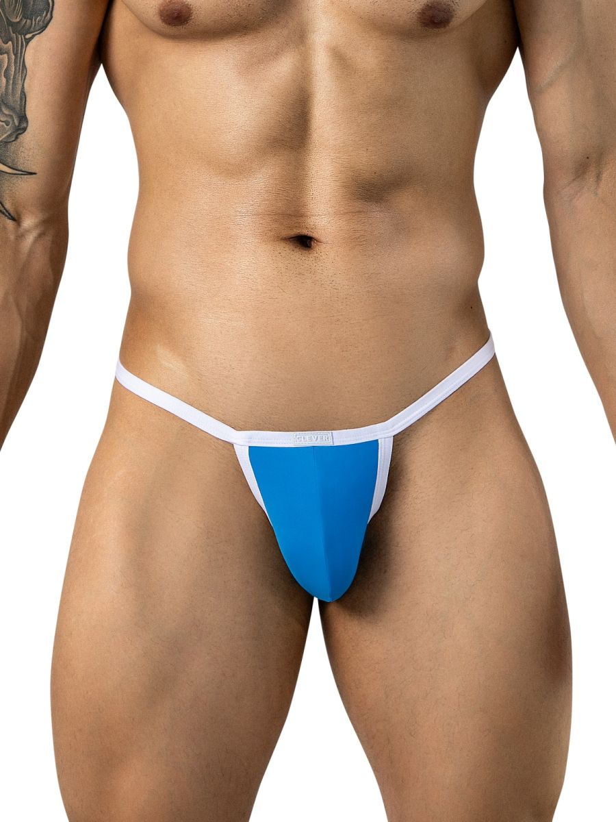 Clever Moda turquoise minimalist thong with contrasting white trim and thin waistband.
