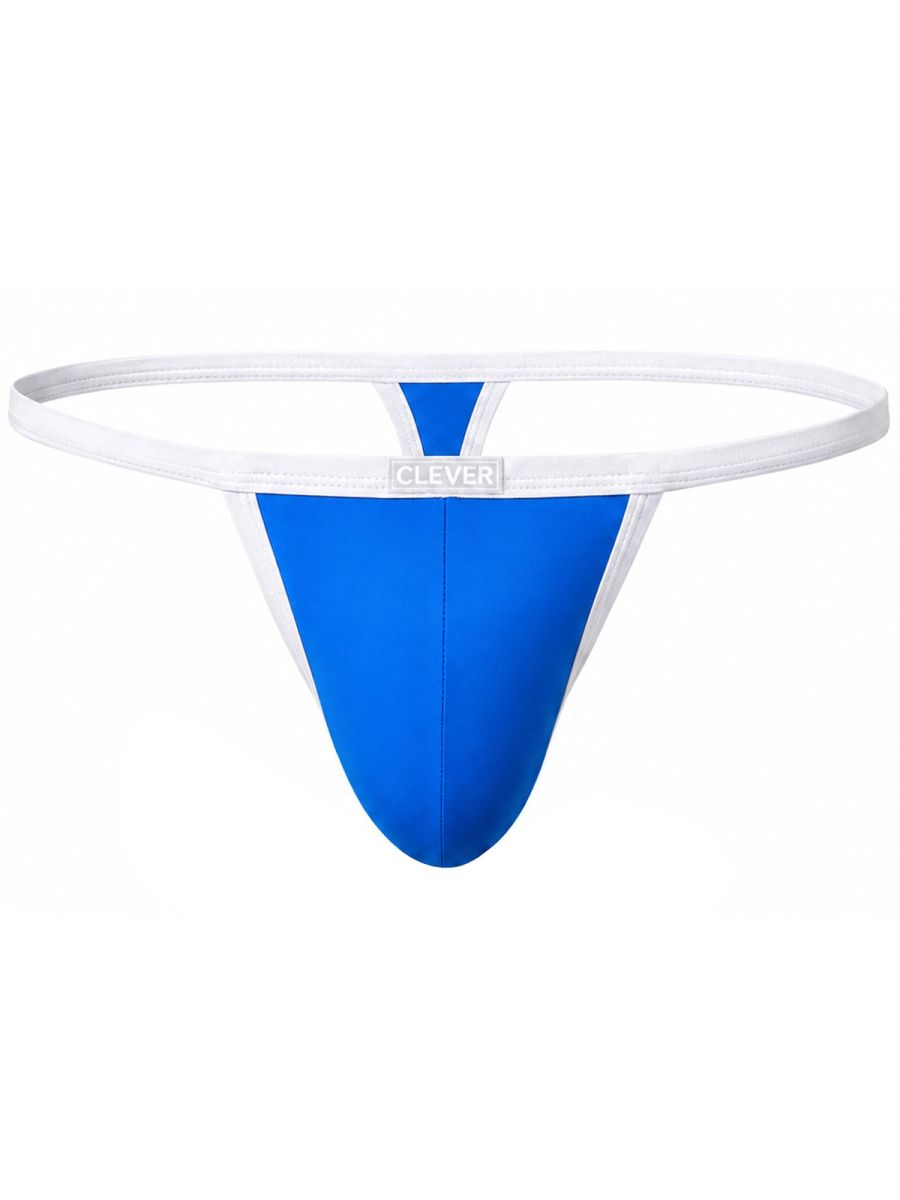 Clever Moda Boreas minimalist turquoise thong with white trim and a branded logo patch on the waistband.