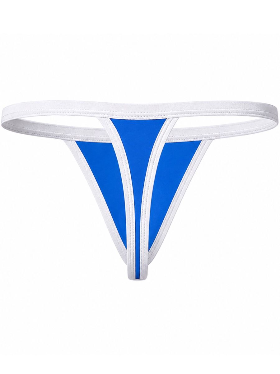Clever Moda turquoise minimalist thong with contrasting white waistband and split-panel front design.