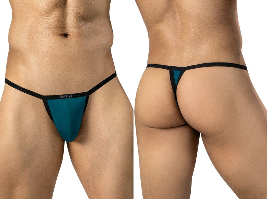 Clever Moda petrol blue sleek thong with thin black trim and waistband.