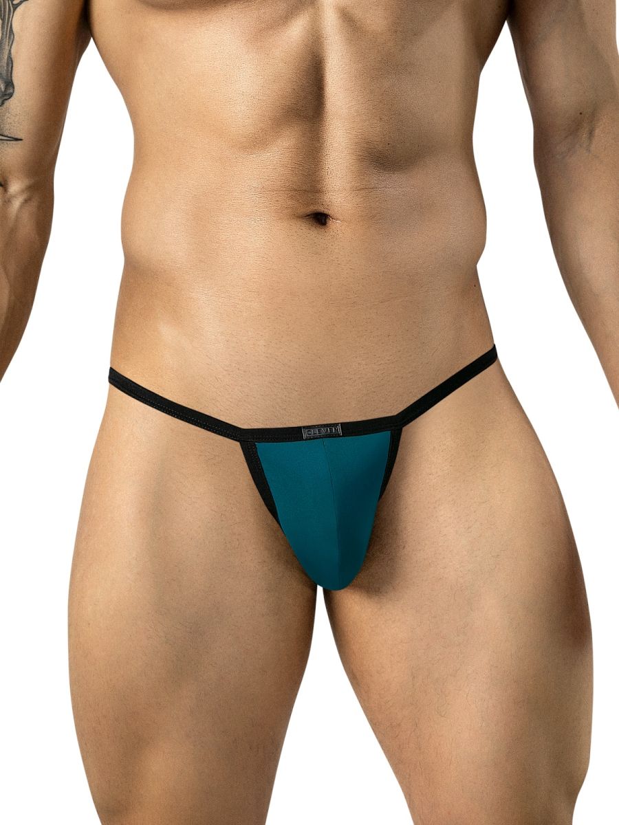 Clever Moda petrol blue sleek thong featuring minimal coverage, thin black side straps, and a front logo tag.